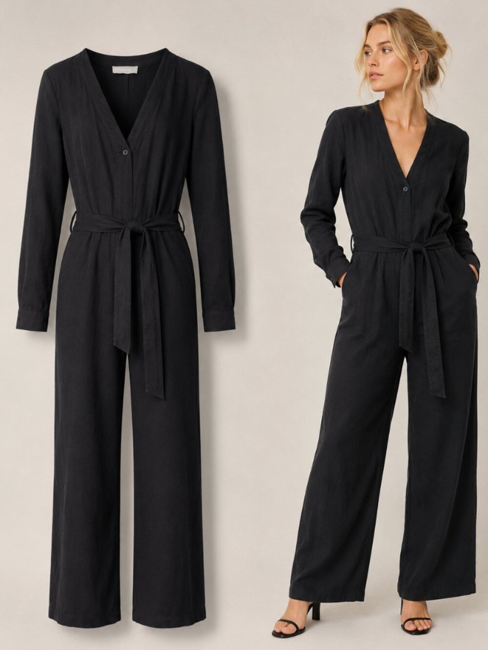 Everlane Canvas Drape Black Belted Jumpsuit 00 Minimalist Travel Work Cocktail